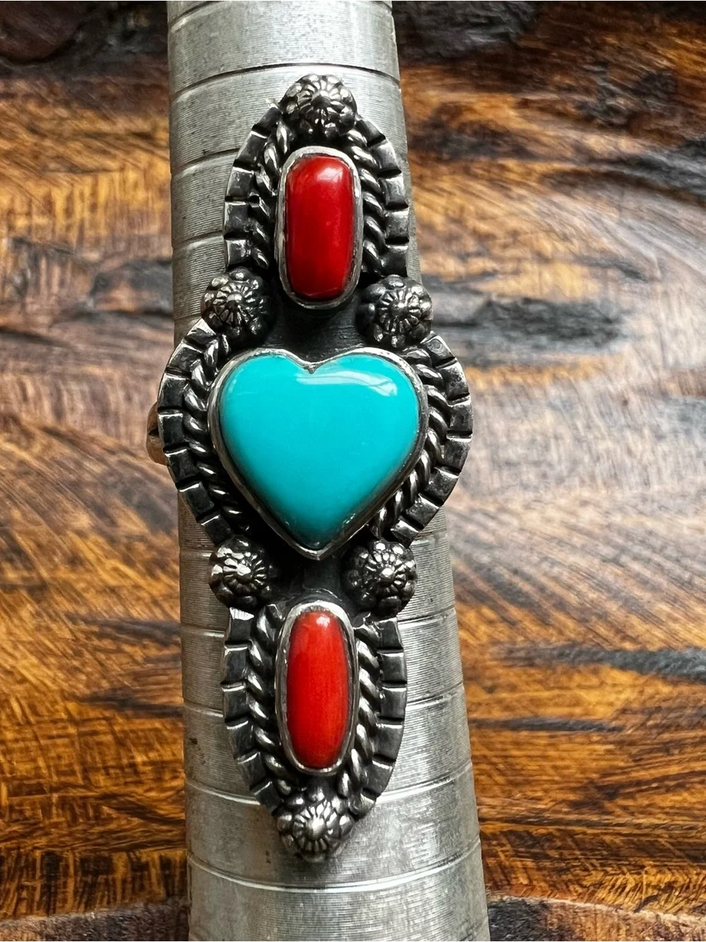 Sterling Kingman Turquoise Heart Italian Red Coral Ring Size 8